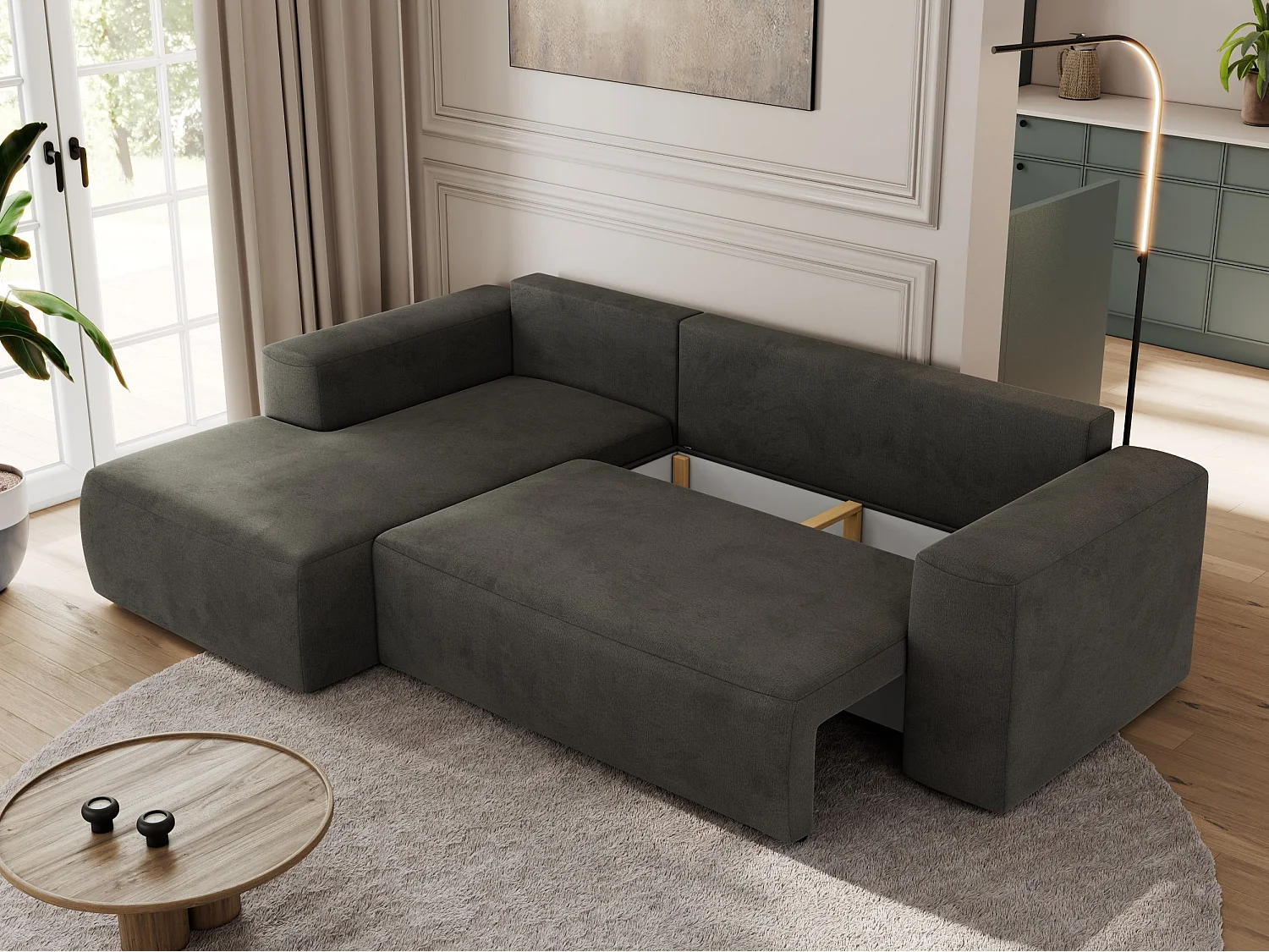 Ecksofa TRENTINO - mit Schlaffunktion und Bettkasten, L-form Couch, lose Kissen und Armlehnen - Dunkelgrau Velvet - Ecke Links