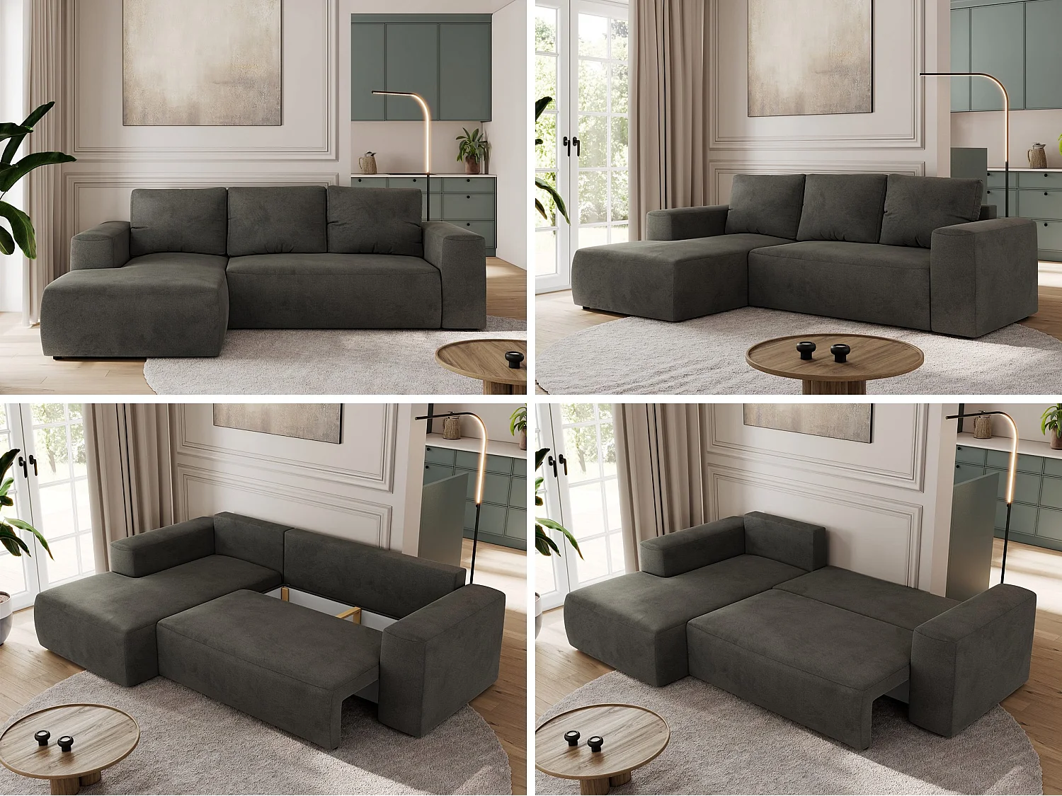 Ecksofa TRENTINO - mit Schlaffunktion und Bettkasten, L-form Couch, lose Kissen und Armlehnen - Dunkelgrau Velvet - Ecke Links