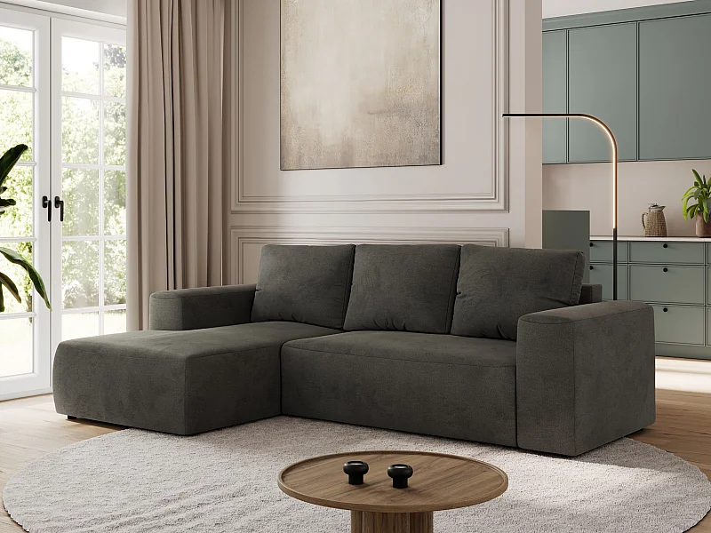 Ecksofa TRENTINO - mit Schlaffunktion und Bettkasten, L-form Couch, lose Kissen und Armlehnen - Dunkelgrau Velvet - Ecke Links