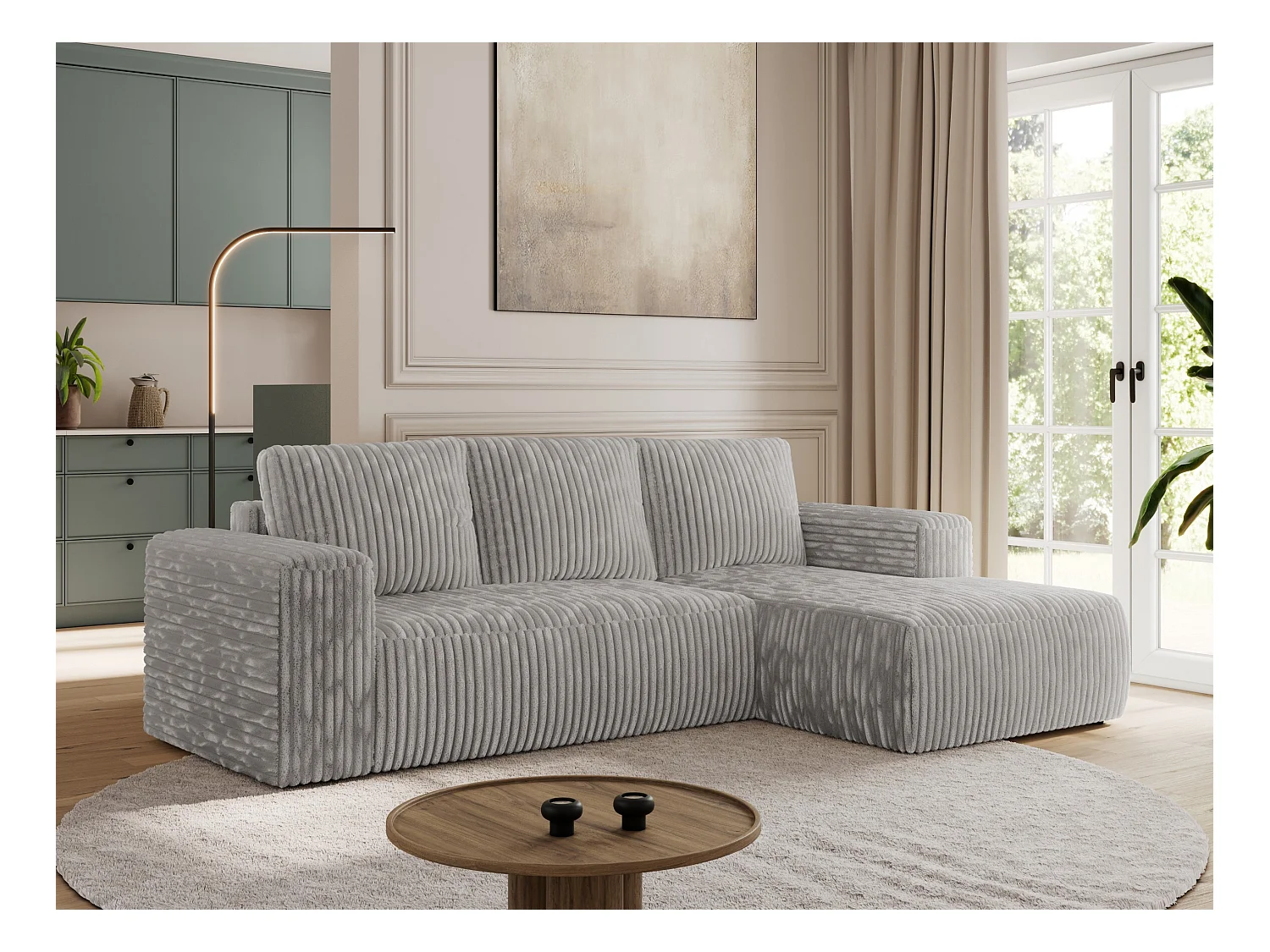Ecksofa TRENTINO - mit Schlaffunktion und Bettkasten, L-form Couch, lose Kissen und Armlehnen - Hellgrau Cord - Ecke Links
