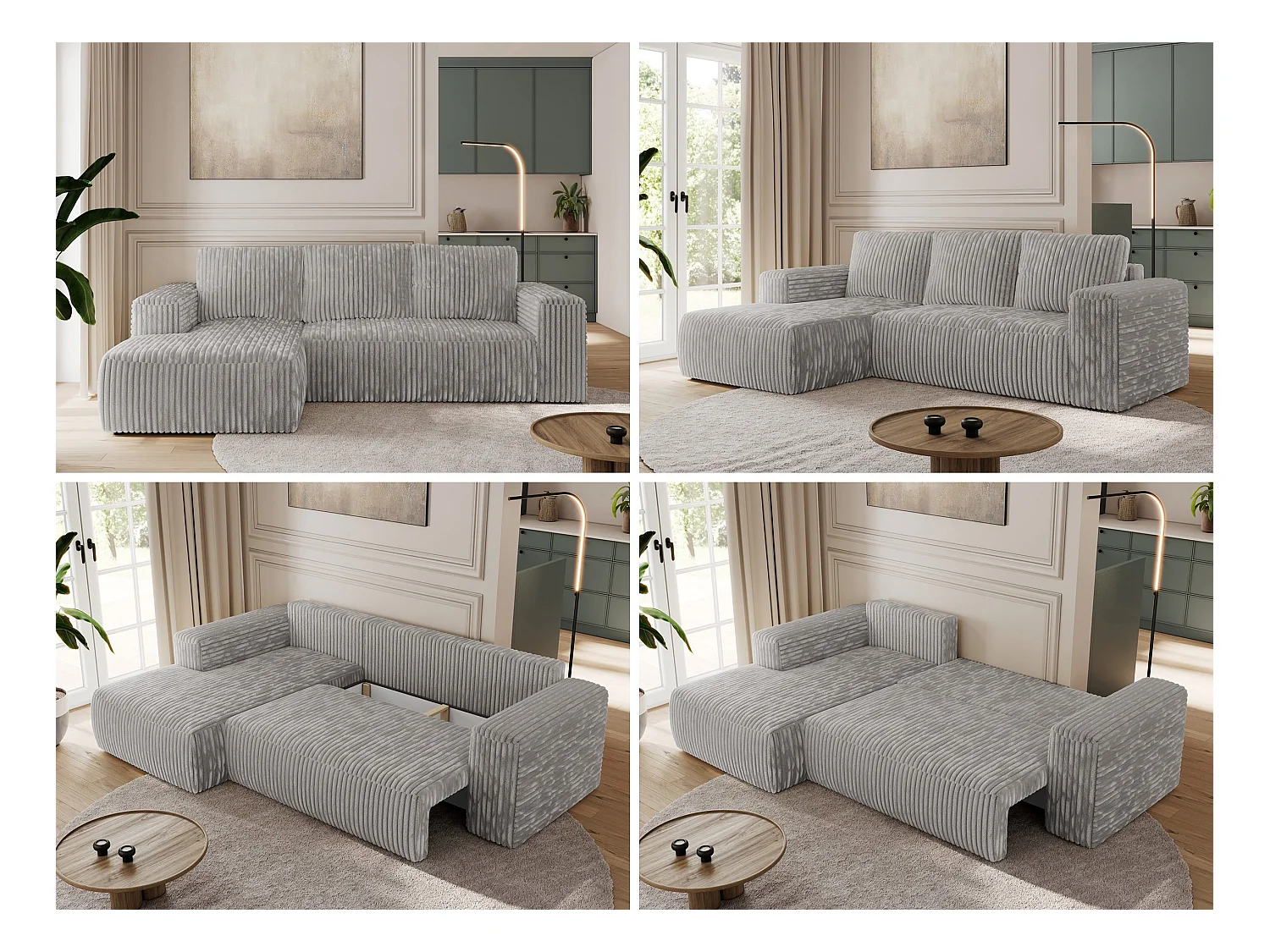 Ecksofa TRENTINO - mit Schlaffunktion und Bettkasten, L-form Couch, lose Kissen und Armlehnen - Hellgrau Cord - Ecke Links