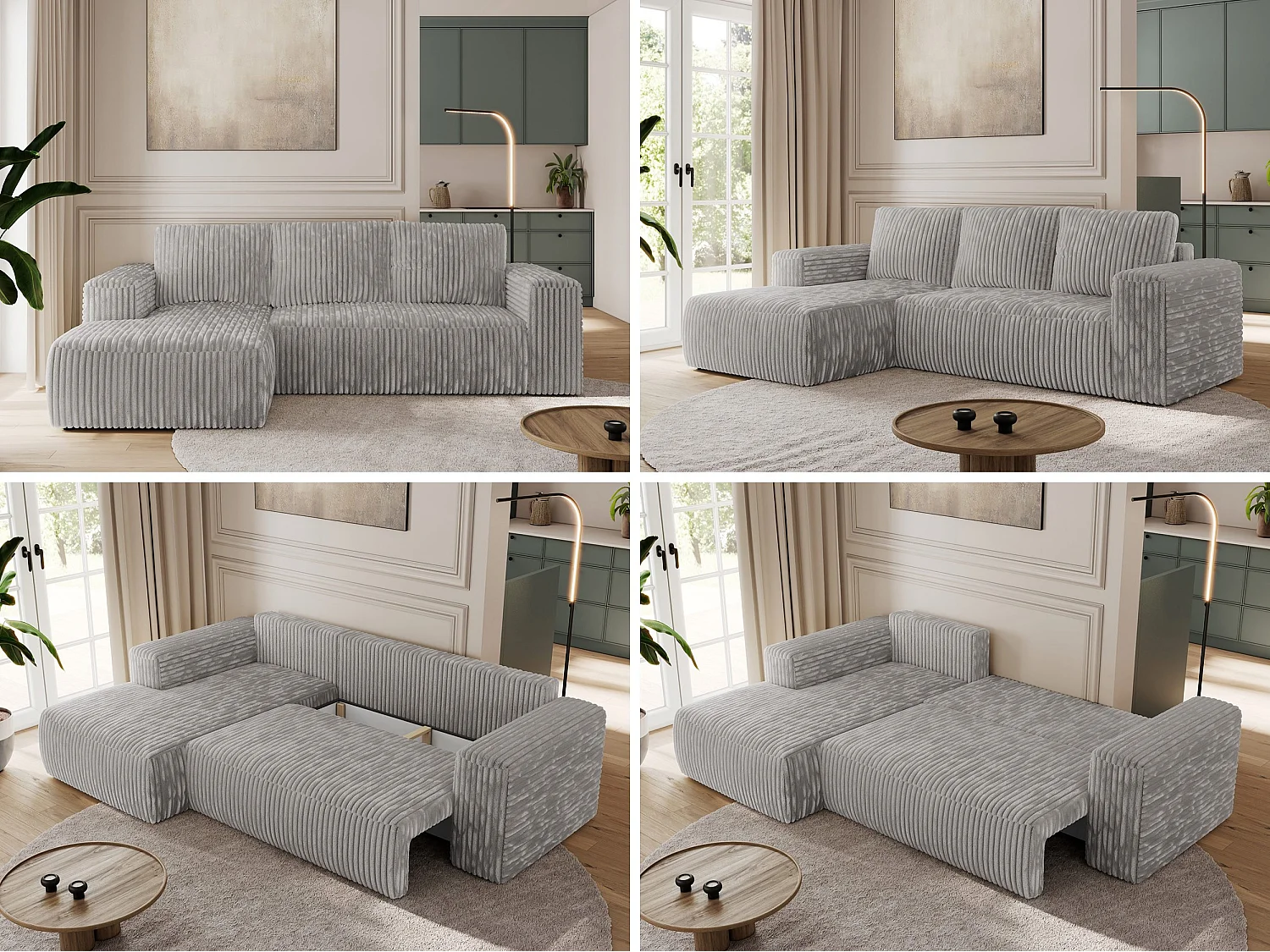 Ecksofa TRENTINO - mit Schlaffunktion und Bettkasten, L-form Couch, lose Kissen und Armlehnen - Hellgrau Cord - Ecke Links