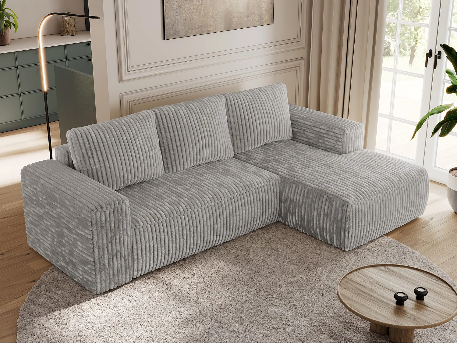 Ecksofa TRENTINO - mit Schlaffunktion und Bettkasten, L-form Couch, lose Kissen und Armlehnen - Hellgrau Cord - Ecke Links