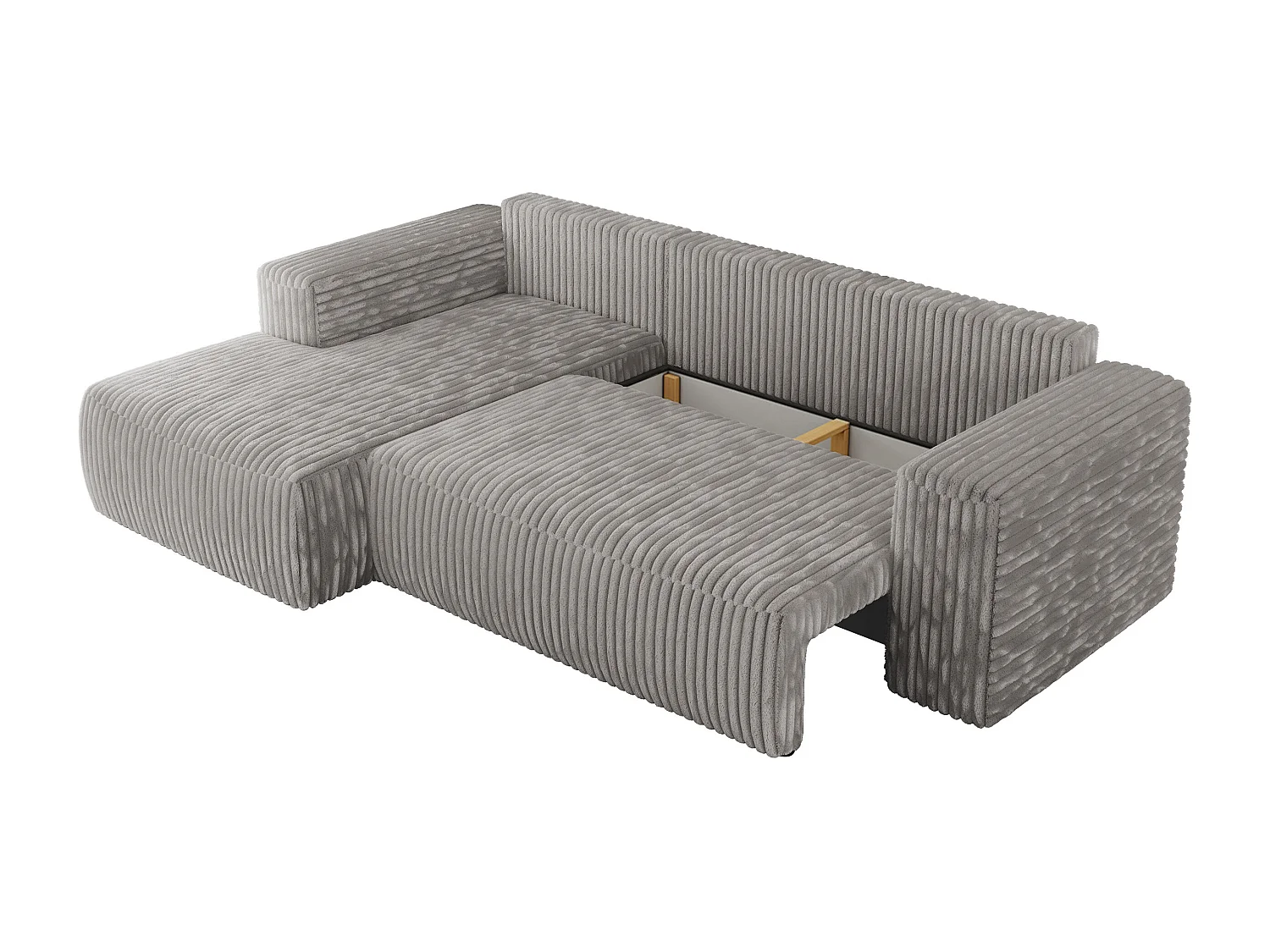 Ecksofa TRENTINO - mit Schlaffunktion und Bettkasten, L-form Couch, lose Kissen und Armlehnen - Hellgrau Cord - Ecke Links