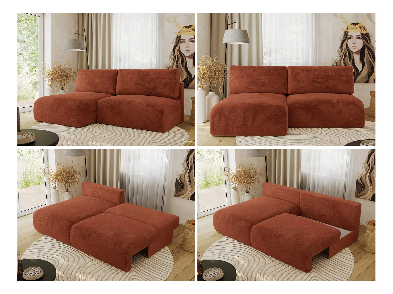 Ecksofa VIVO - L-form Couch mit Schlaffunktion und Bettkasten, Wellenfeder - Orange Plüsch - Ecke Links