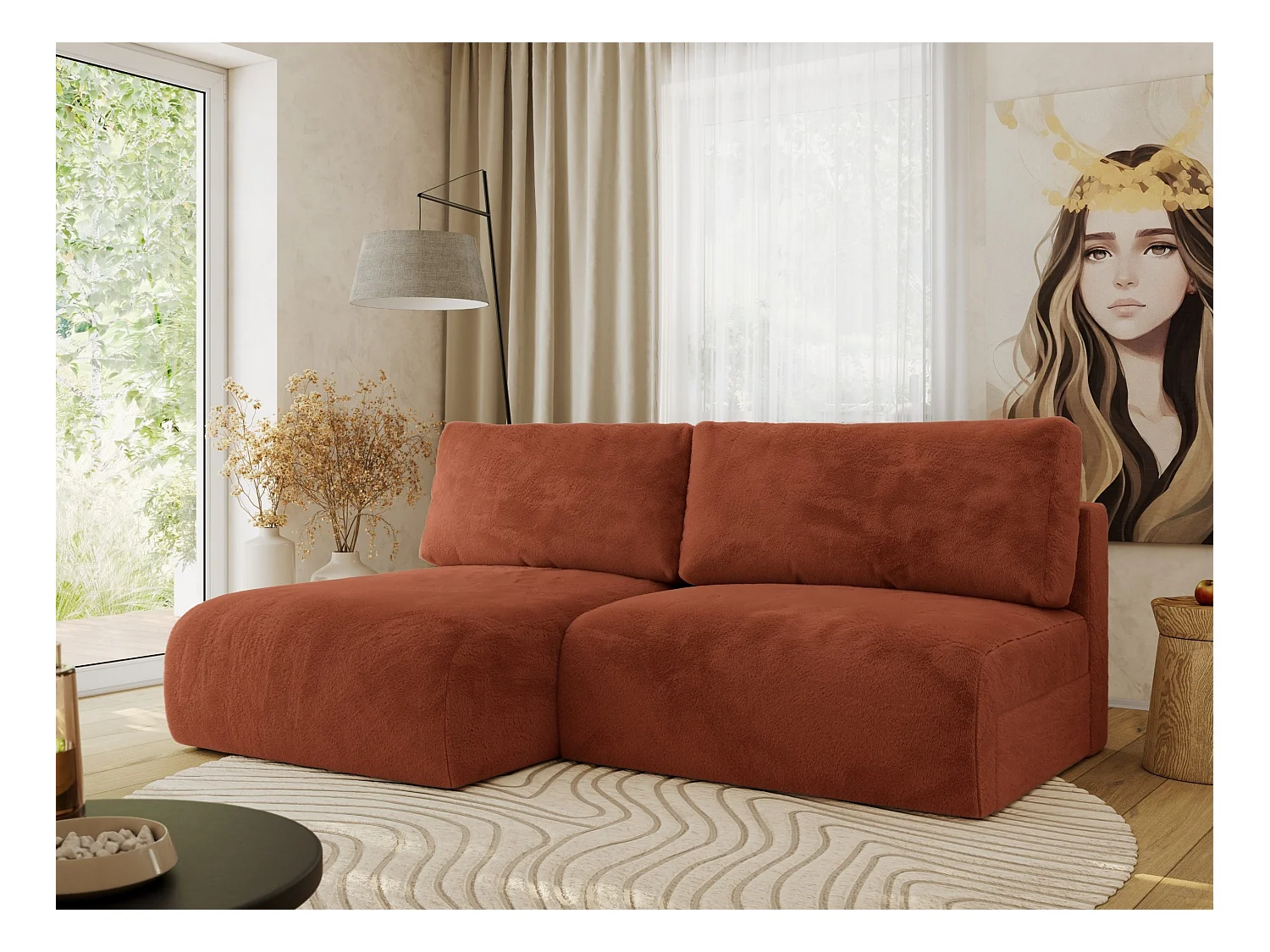 Ecksofa VIVO - L-form Couch mit Schlaffunktion und Bettkasten, Wellenfeder - Orange Plüsch - Ecke Links