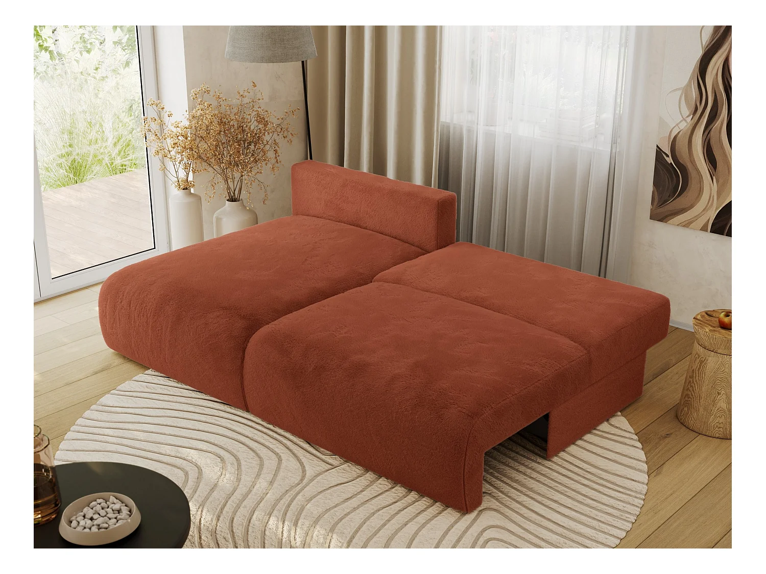 Ecksofa VIVO - L-form Couch mit Schlaffunktion und Bettkasten, Wellenfeder - Orange Plüsch - Ecke Links
