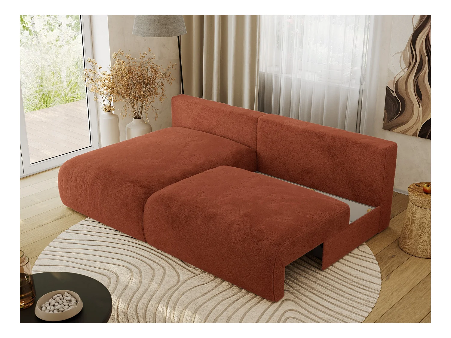 Ecksofa VIVO - L-form Couch mit Schlaffunktion und Bettkasten, Wellenfeder - Orange Plüsch - Ecke Links