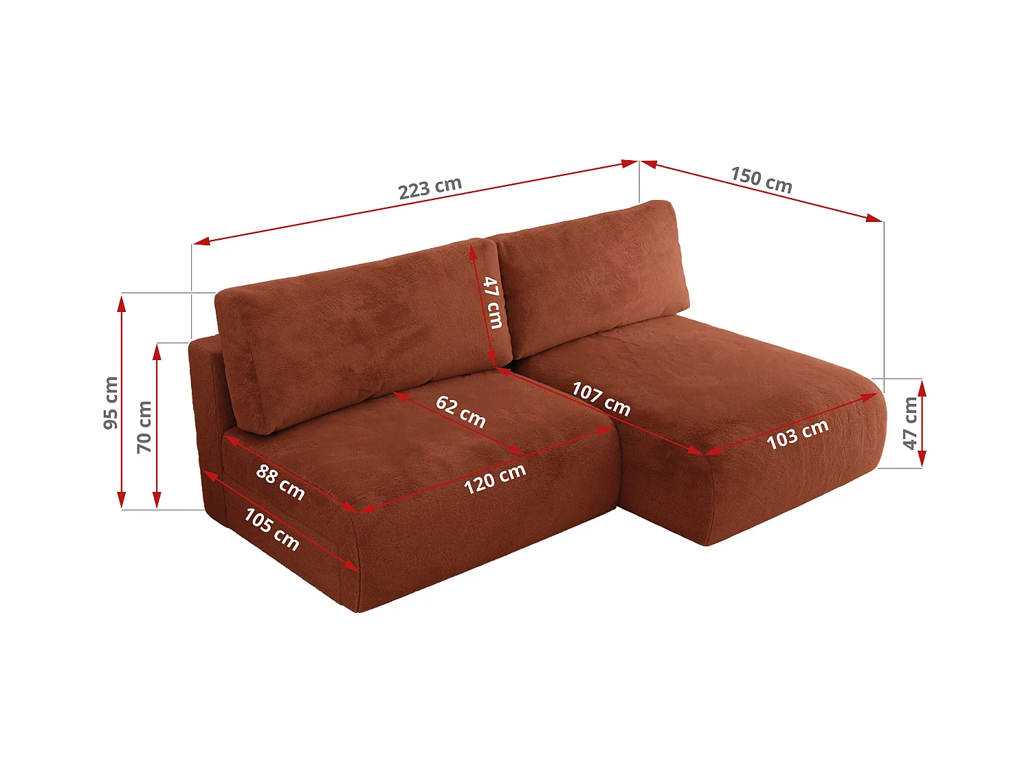Ecksofa VIVO - L-form Couch mit Schlaffunktion und Bettkasten, Wellenfeder - Orange Plüsch - Ecke Links