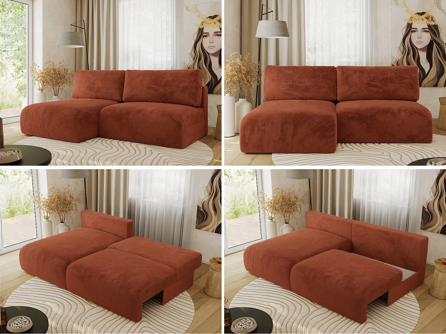 Ecksofa VIVO - L-form Couch mit Schlaffunktion und Bettkasten, Wellenfeder - Orange Plüsch - Ecke Links