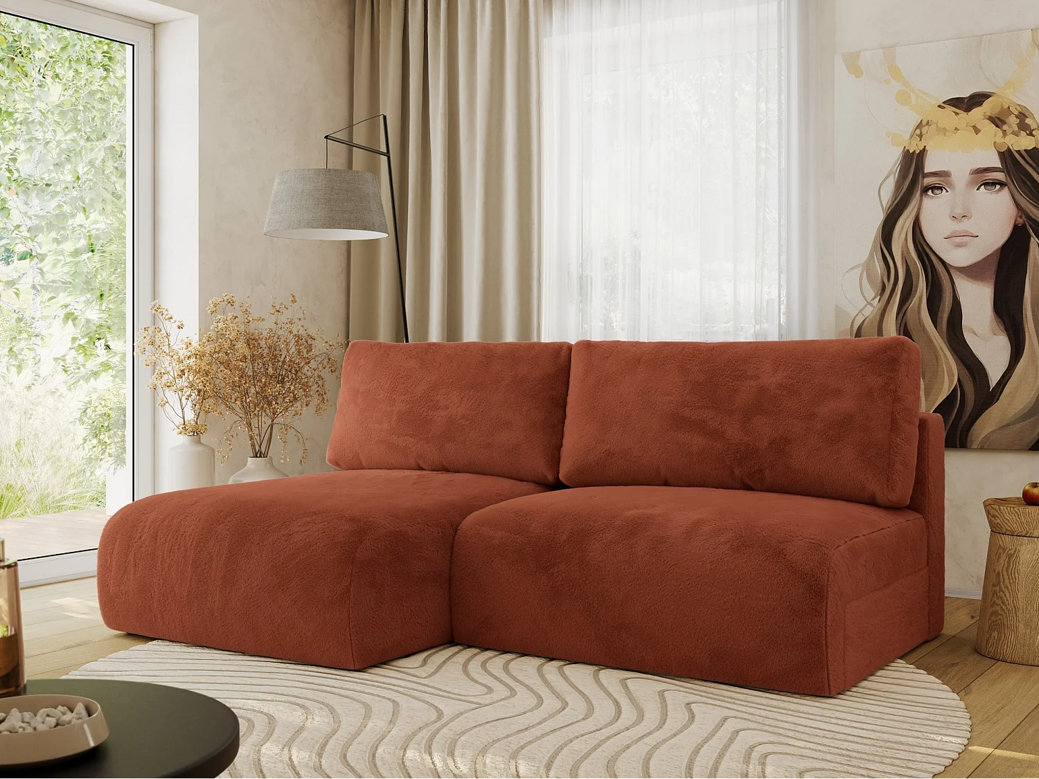 Ecksofa VIVO - L-form Couch mit Schlaffunktion und Bettkasten, Wellenfeder - Orange Plüsch - Ecke Links