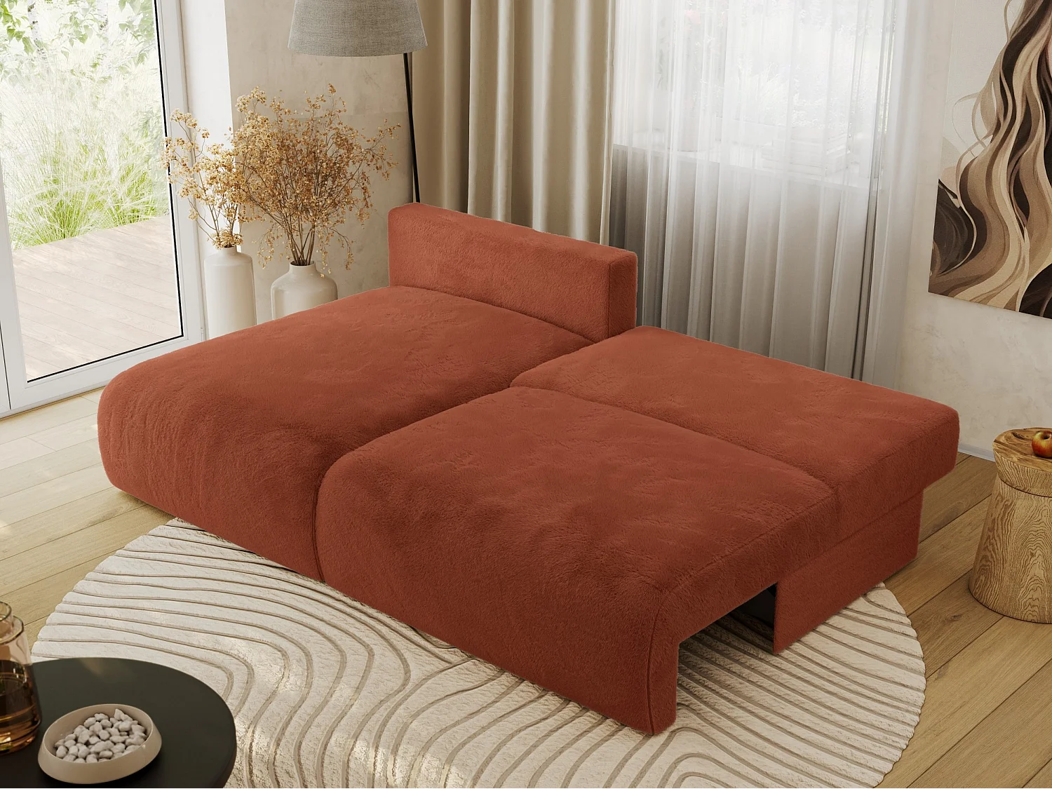 Ecksofa VIVO - L-form Couch mit Schlaffunktion und Bettkasten, Wellenfeder - Orange Plüsch - Ecke Links