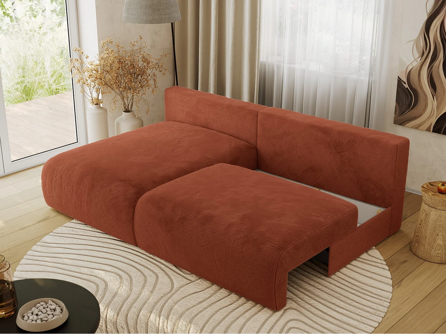 Ecksofa VIVO - L-form Couch mit Schlaffunktion und Bettkasten, Wellenfeder - Orange Plüsch - Ecke Links