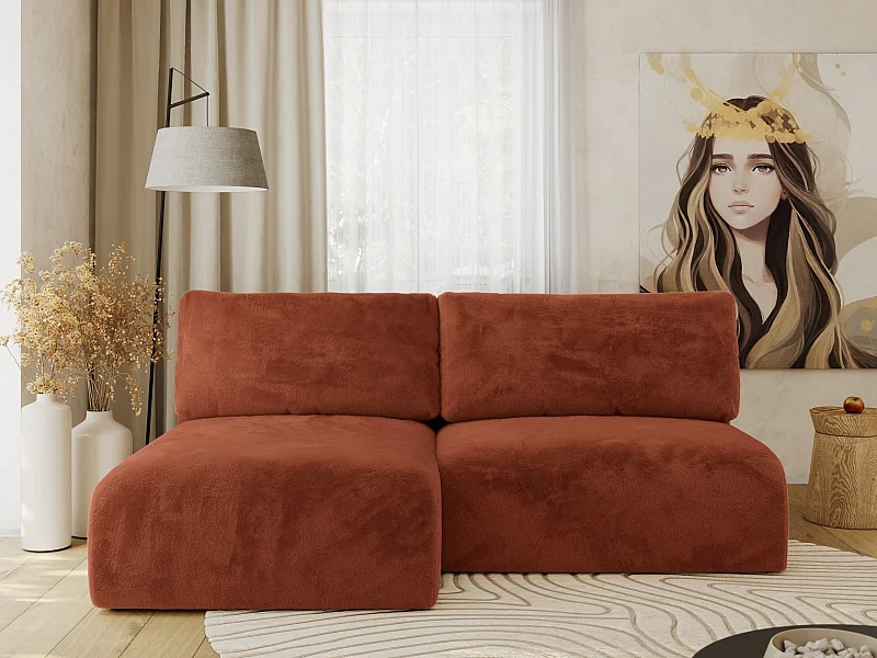 Ecksofa VIVO - L-form Couch mit Schlaffunktion und Bettkasten, Wellenfeder - Orange Plüsch - Ecke Links