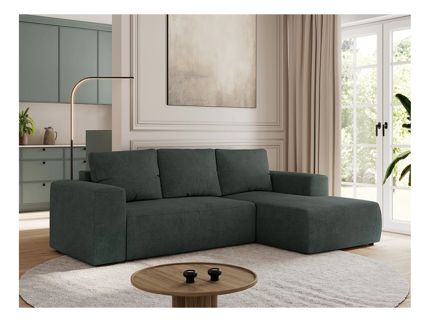 Ecksofa TRENTINO - mit Schlaffunktion und Bettkasten, L-form Couch, lose Kissen und Armlehnen - Dunkelgrau Stukture - Ecke Rechts