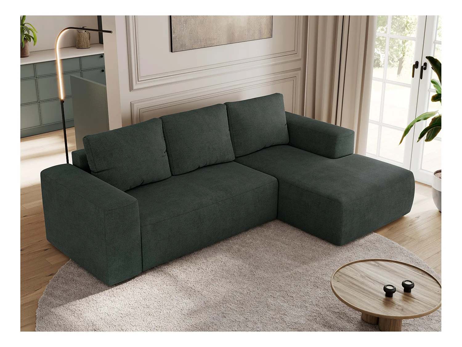 Ecksofa TRENTINO - mit Schlaffunktion und Bettkasten, L-form Couch, lose Kissen und Armlehnen - Dunkelgrau Stukture - Ecke Rechts