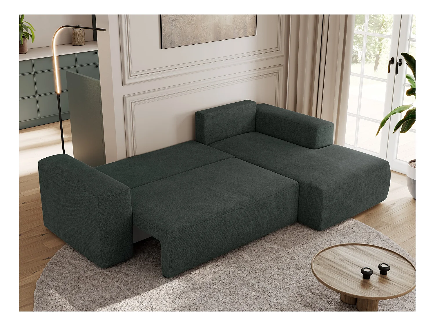 Ecksofa TRENTINO - mit Schlaffunktion und Bettkasten, L-form Couch, lose Kissen und Armlehnen - Dunkelgrau Stukture - Ecke Rechts