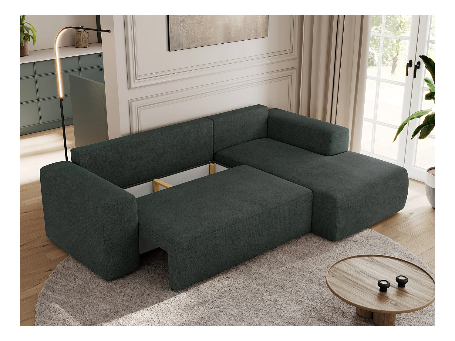 Ecksofa TRENTINO - mit Schlaffunktion und Bettkasten, L-form Couch, lose Kissen und Armlehnen - Dunkelgrau Stukture - Ecke Rechts