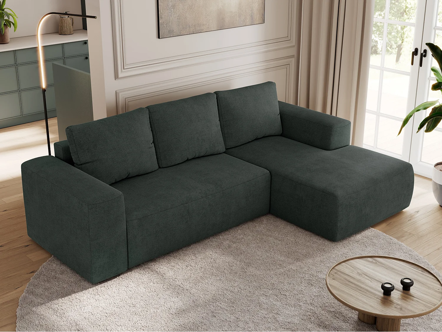 Ecksofa TRENTINO - mit Schlaffunktion und Bettkasten, L-form Couch, lose Kissen und Armlehnen - Dunkelgrau Stukture - Ecke Rechts