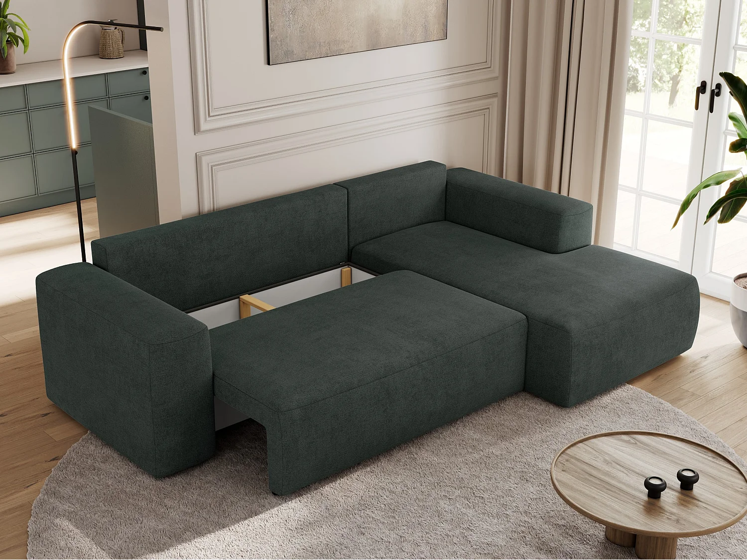 Ecksofa TRENTINO - mit Schlaffunktion und Bettkasten, L-form Couch, lose Kissen und Armlehnen - Dunkelgrau Stukture - Ecke Rechts