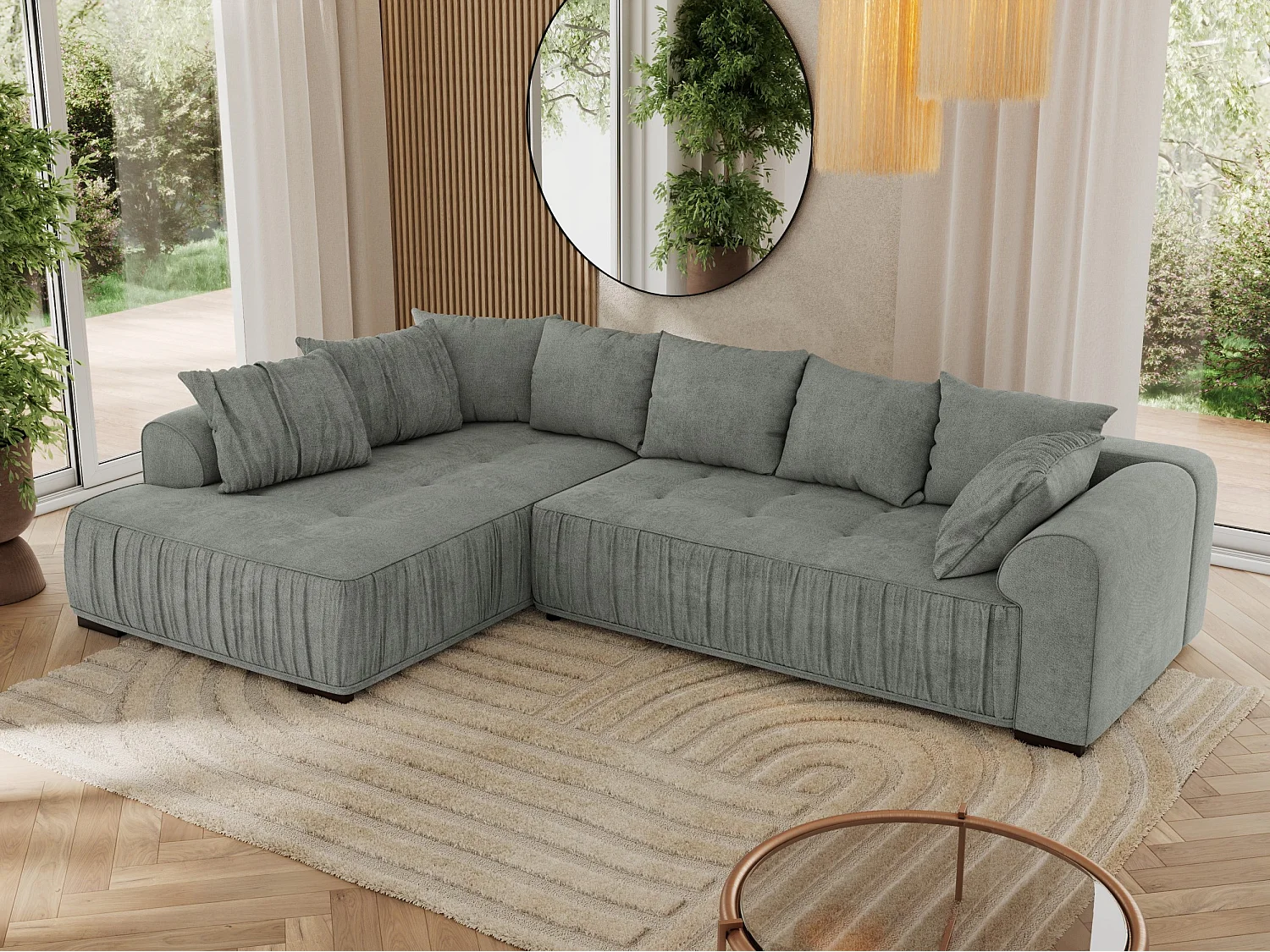 Ecksofa ORTA - Schlaffunktion und Bettkasten, lose Kissen, gesteppter Sitz, L-förmige Ecke - Grau Stukture - Ecke Links