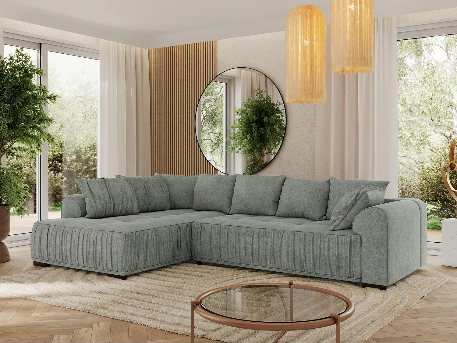 Ecksofa ORTA - Schlaffunktion und Bettkasten, lose Kissen, gesteppter Sitz, L-förmige Ecke - Grau Stukture - Ecke Links