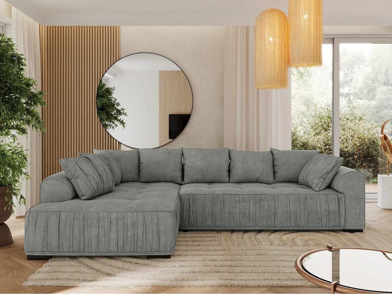 Ecksofa ORTA - Schlaffunktion und Bettkasten, lose Kissen, gesteppter Sitz, L-förmige Ecke - Grau Stukture - Ecke Links