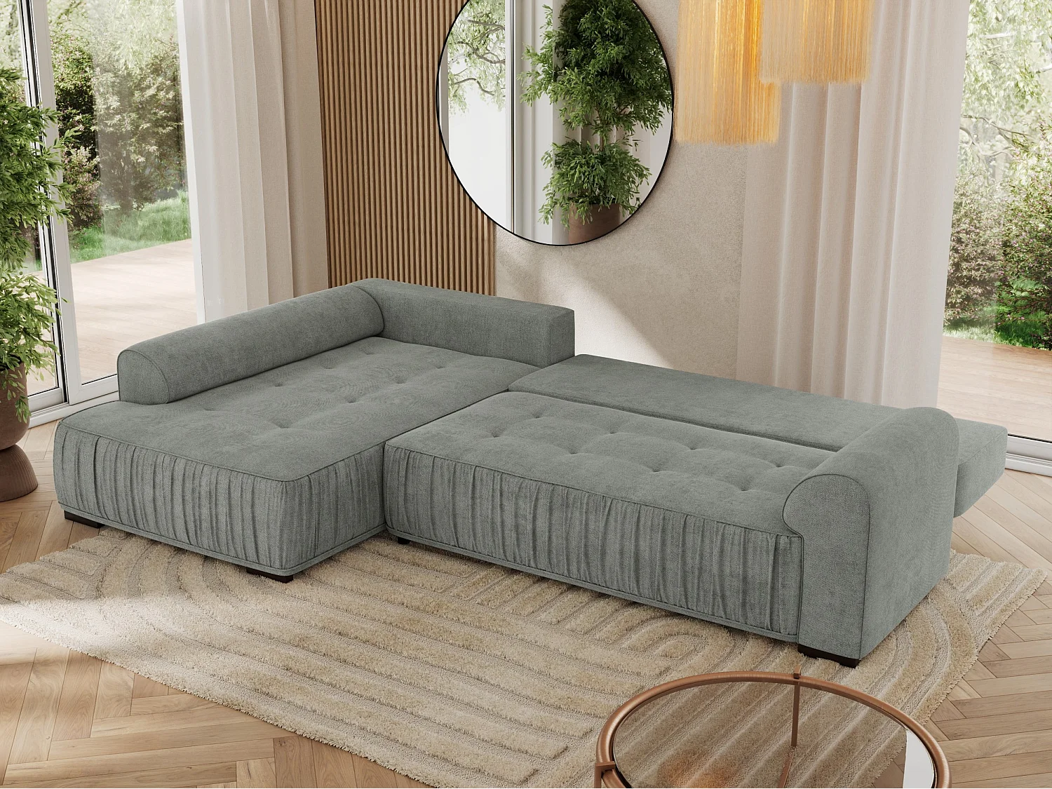 Ecksofa ORTA - Schlaffunktion und Bettkasten, lose Kissen, gesteppter Sitz, L-förmige Ecke - Grau Stukture - Ecke Links