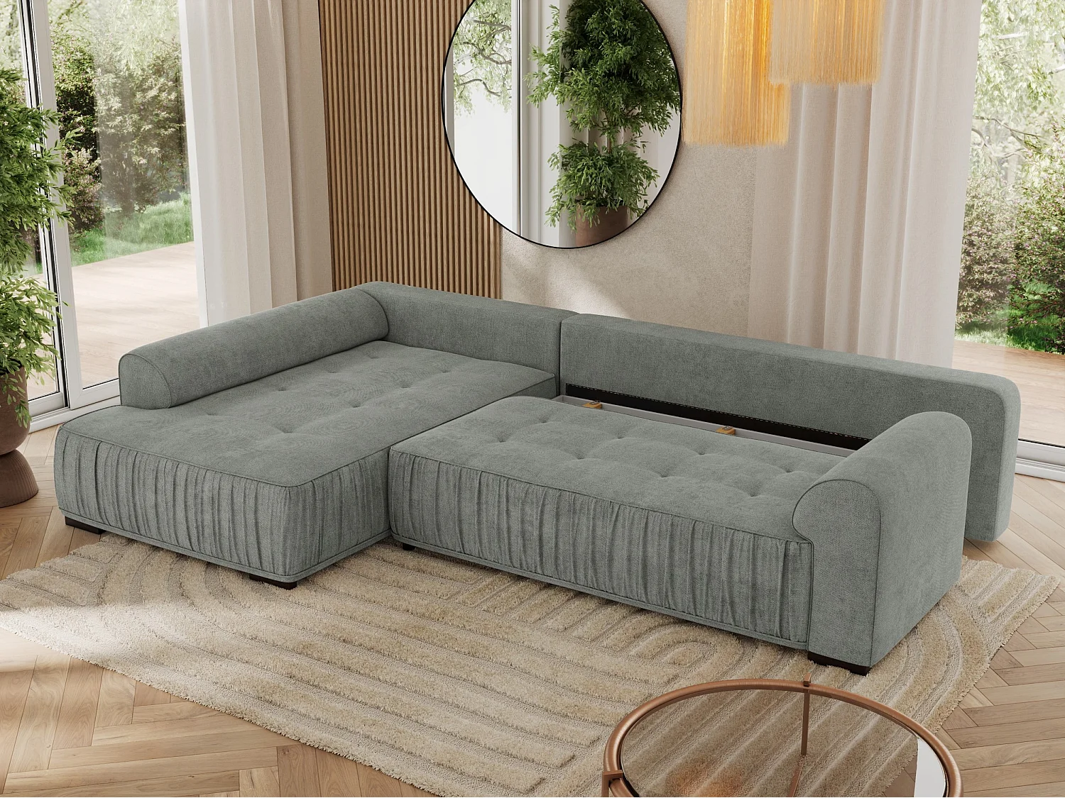 Ecksofa ORTA - Schlaffunktion und Bettkasten, lose Kissen, gesteppter Sitz, L-förmige Ecke - Grau Stukture - Ecke Links