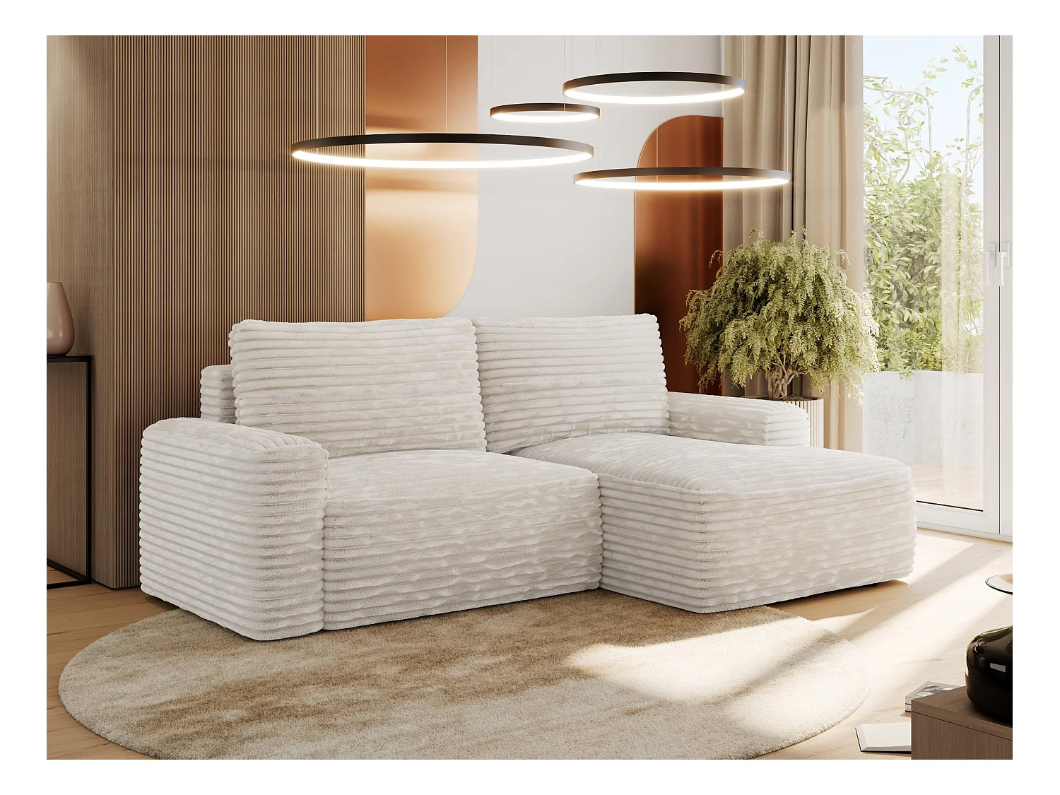 Ecksofa BELLUNO - Schlafsofa mit Bettkasten, Armlehnen, Couch L-form mit Schlaffunktion - Beige Cord - Ecke Rechts