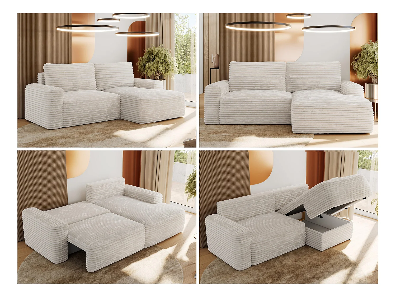 Ecksofa BELLUNO - Schlafsofa mit Bettkasten, Armlehnen, Couch L-form mit Schlaffunktion - Beige Cord - Ecke Rechts