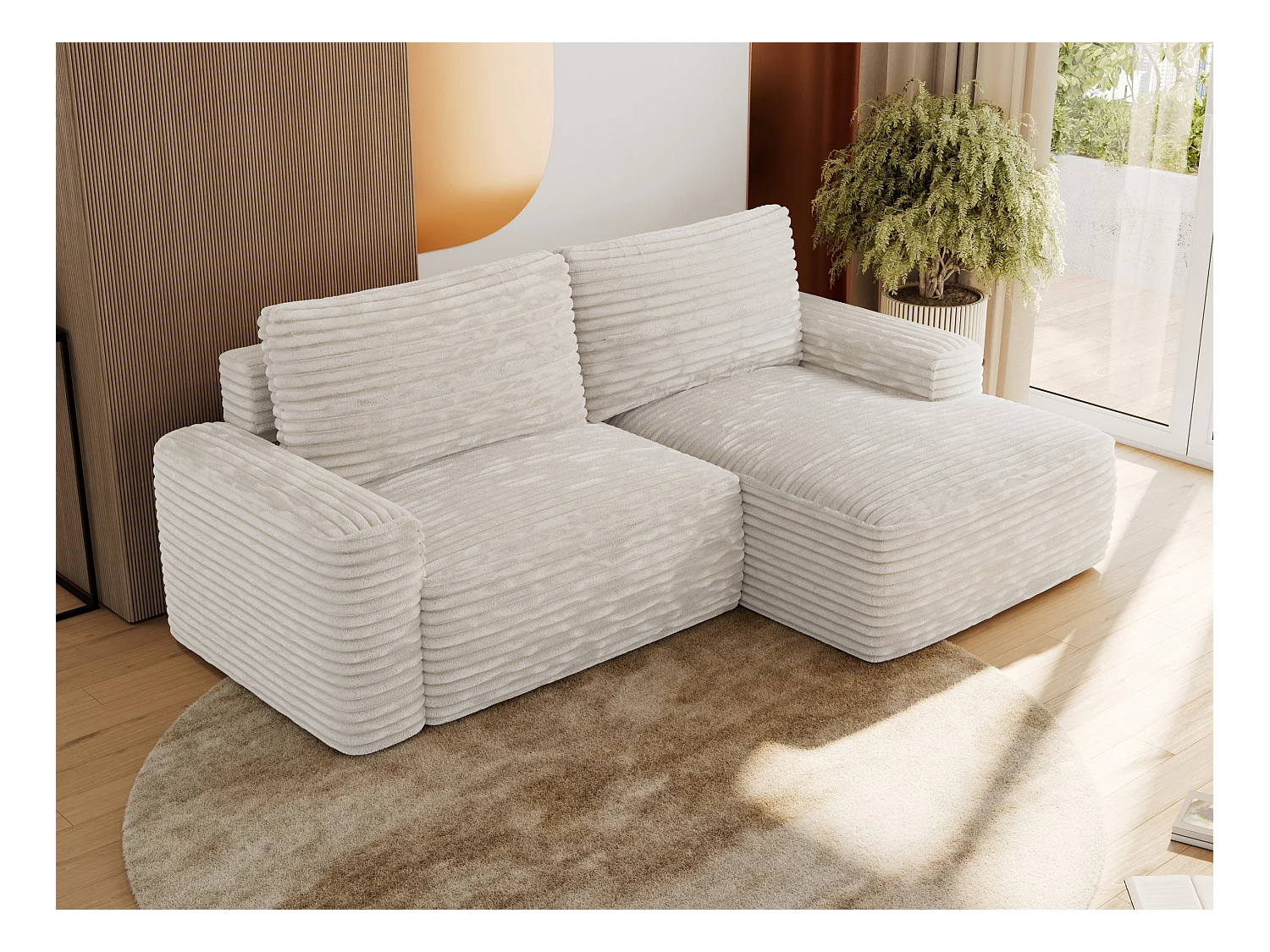 Ecksofa BELLUNO - Schlafsofa mit Bettkasten, Armlehnen, Couch L-form mit Schlaffunktion - Beige Cord - Ecke Rechts