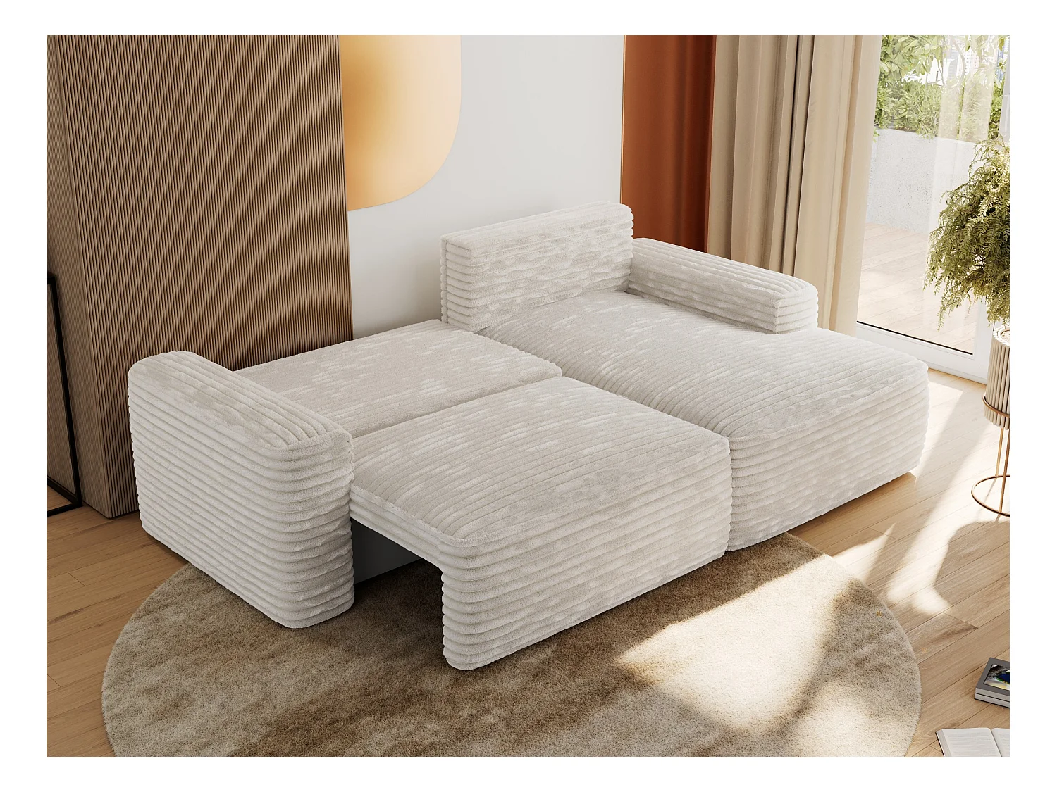 Ecksofa BELLUNO - Schlafsofa mit Bettkasten, Armlehnen, Couch L-form mit Schlaffunktion - Beige Cord - Ecke Rechts