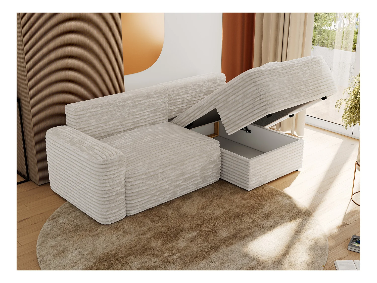 Ecksofa BELLUNO - Schlafsofa mit Bettkasten, Armlehnen, Couch L-form mit Schlaffunktion - Beige Cord - Ecke Rechts