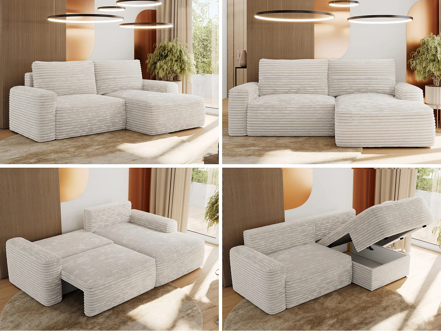 Ecksofa BELLUNO - Schlafsofa mit Bettkasten, Armlehnen, Couch L-form mit Schlaffunktion - Beige Cord - Ecke Rechts