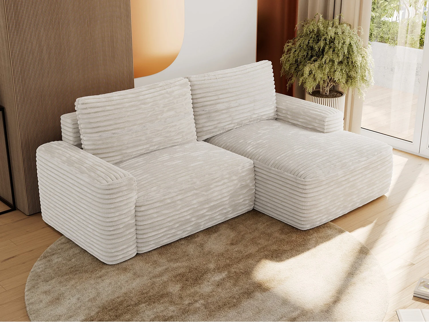 Ecksofa BELLUNO - Schlafsofa mit Bettkasten, Armlehnen, Couch L-form mit Schlaffunktion - Beige Cord - Ecke Rechts