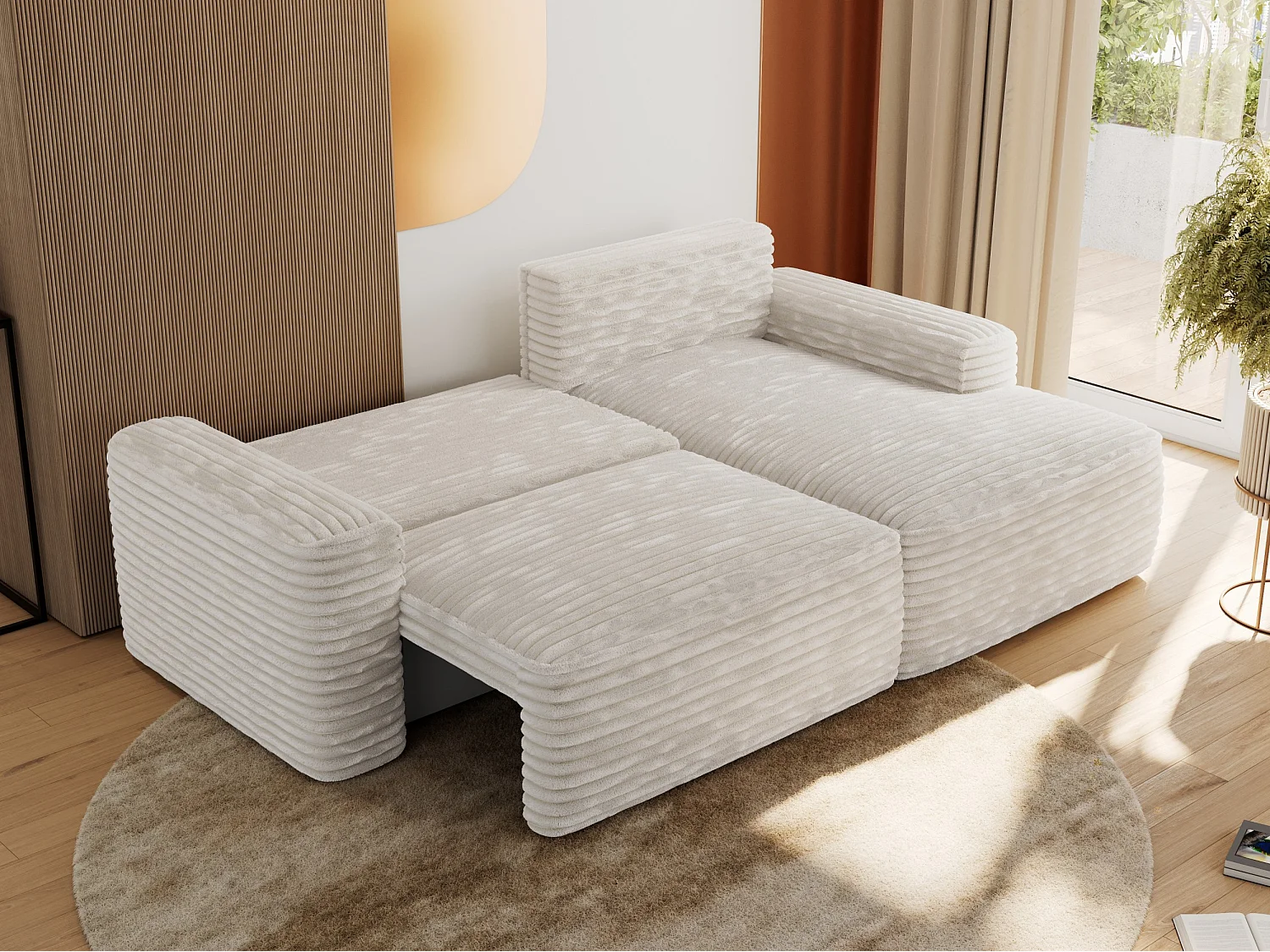 Ecksofa BELLUNO - Schlafsofa mit Bettkasten, Armlehnen, Couch L-form mit Schlaffunktion - Beige Cord - Ecke Rechts