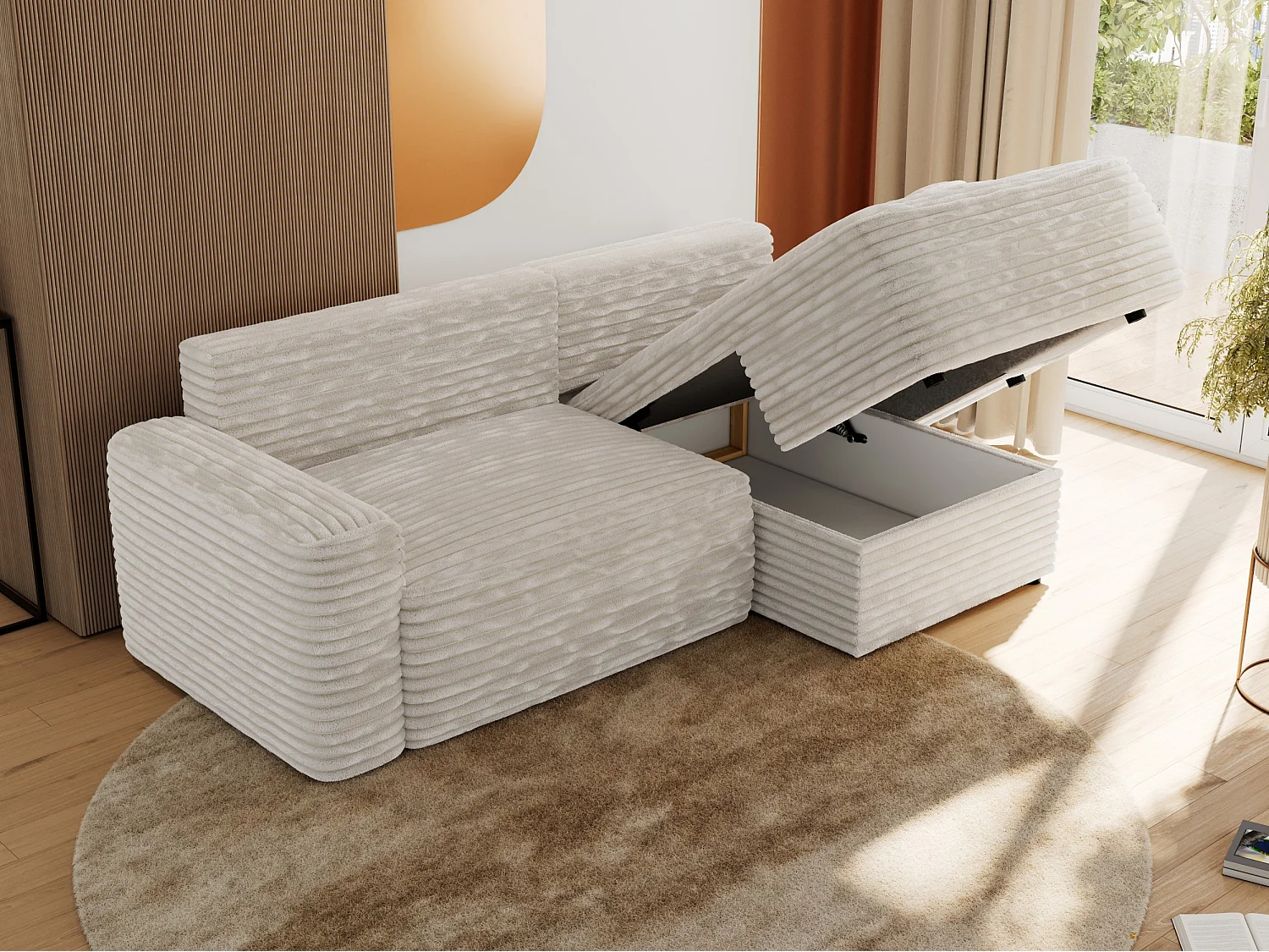 Ecksofa BELLUNO - Schlafsofa mit Bettkasten, Armlehnen, Couch L-form mit Schlaffunktion - Beige Cord - Ecke Rechts