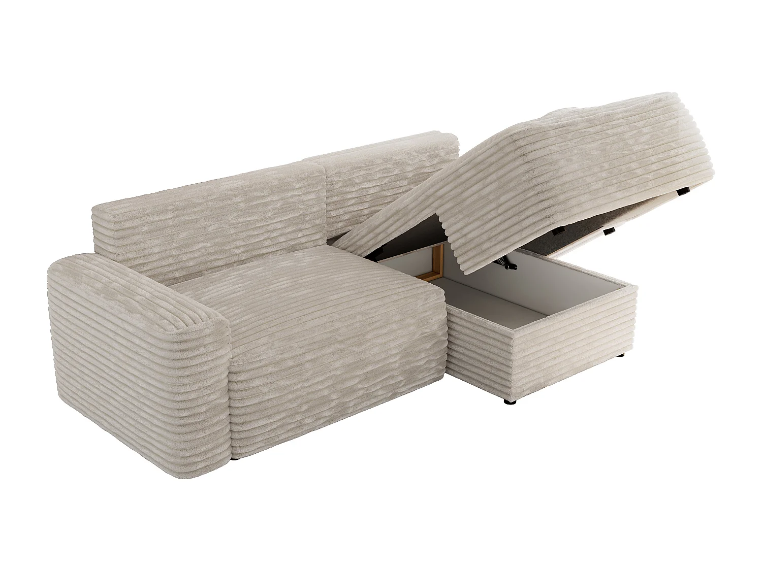 Ecksofa BELLUNO - Schlafsofa mit Bettkasten, Armlehnen, Couch L-form mit Schlaffunktion - Beige Cord - Ecke Rechts