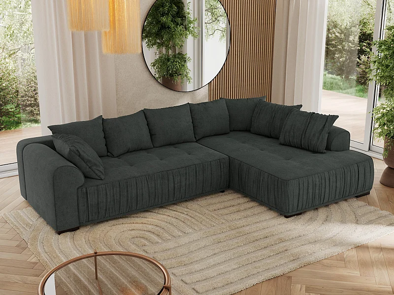 Ecksofa ORTA - Schlaffunktion und Bettkasten, lose Kissen, gesteppter Sitz, L-förmige Ecke - Dunkelgrau Stukture - Ecke Rechts