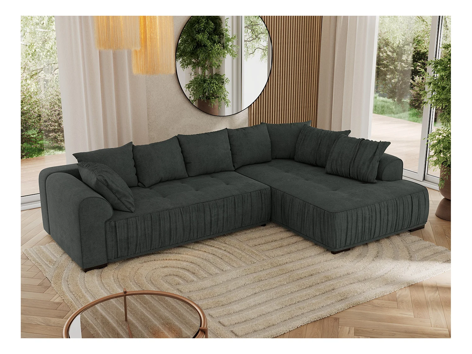 Ecksofa ORTA - Schlaffunktion und Bettkasten, lose Kissen, gesteppter Sitz, L-förmige Ecke - Dunkelgrau Stukture - Ecke Rechts
