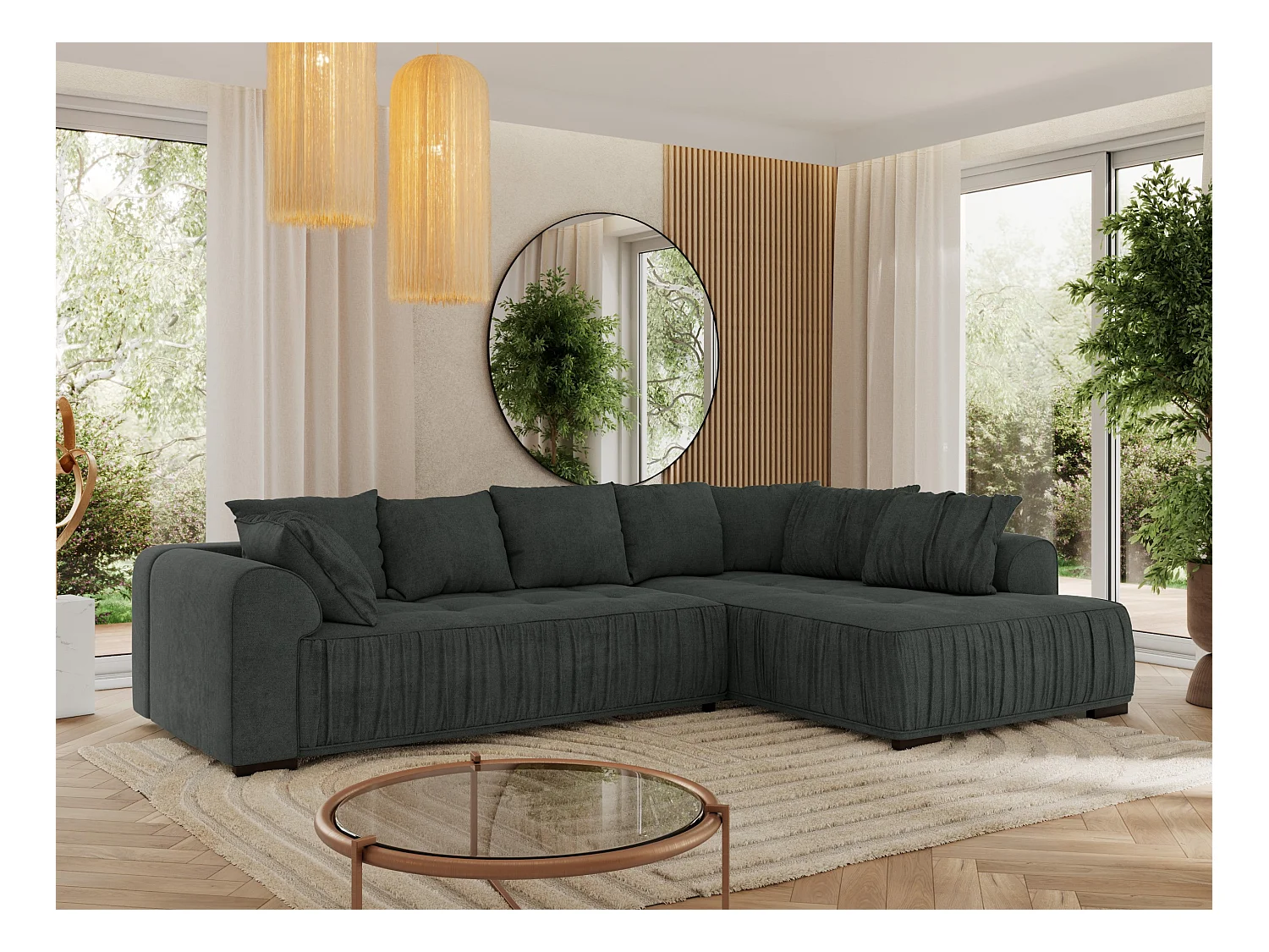 Ecksofa ORTA - Schlaffunktion und Bettkasten, lose Kissen, gesteppter Sitz, L-förmige Ecke - Dunkelgrau Stukture - Ecke Rechts