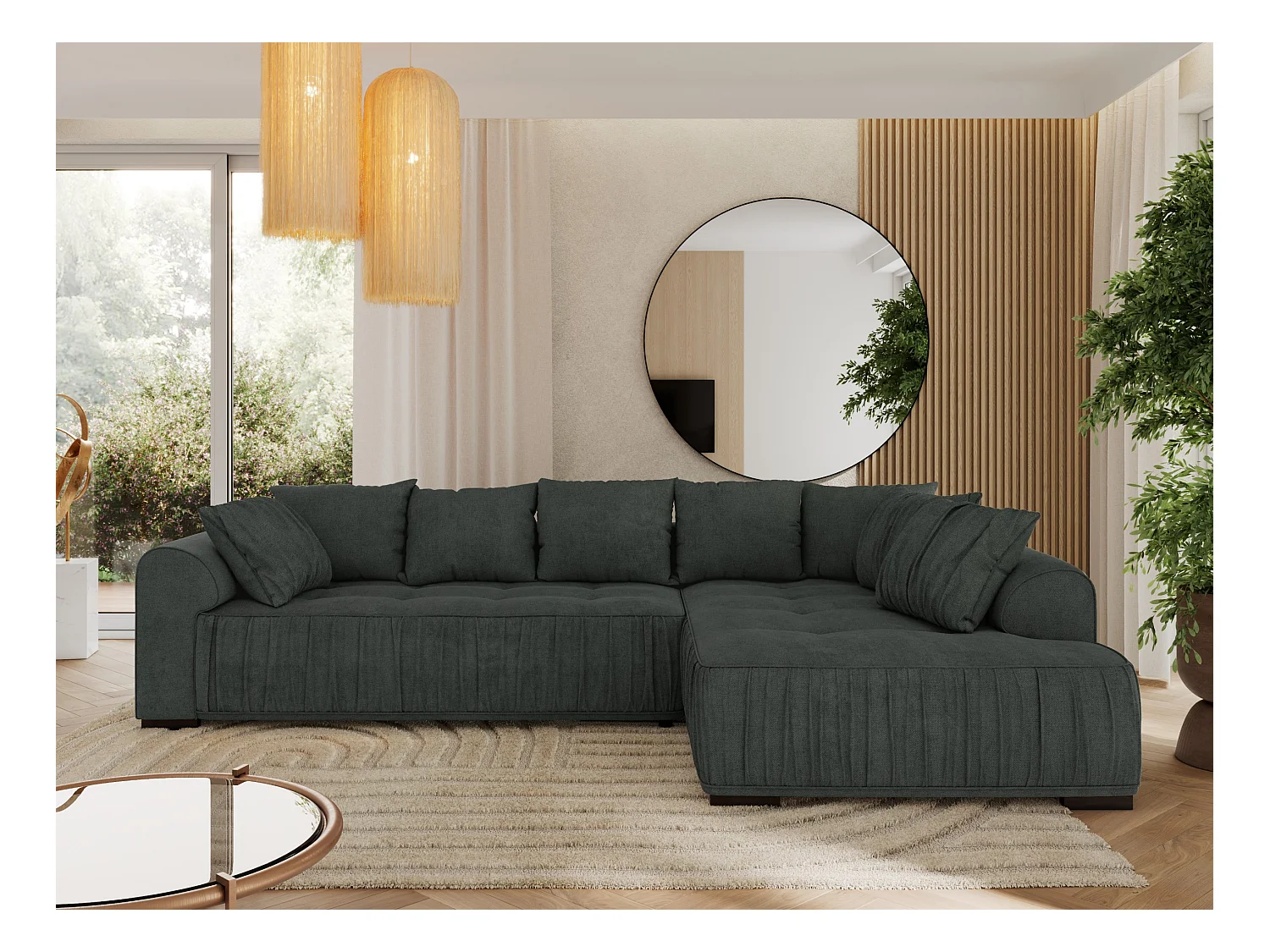 Ecksofa ORTA - Schlaffunktion und Bettkasten, lose Kissen, gesteppter Sitz, L-förmige Ecke - Dunkelgrau Stukture - Ecke Rechts