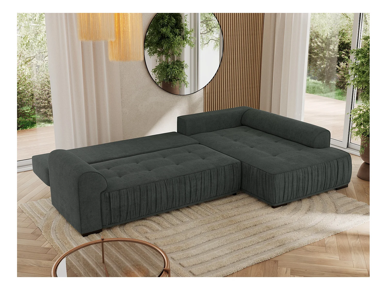 Ecksofa ORTA - Schlaffunktion und Bettkasten, lose Kissen, gesteppter Sitz, L-förmige Ecke - Dunkelgrau Stukture - Ecke Rechts