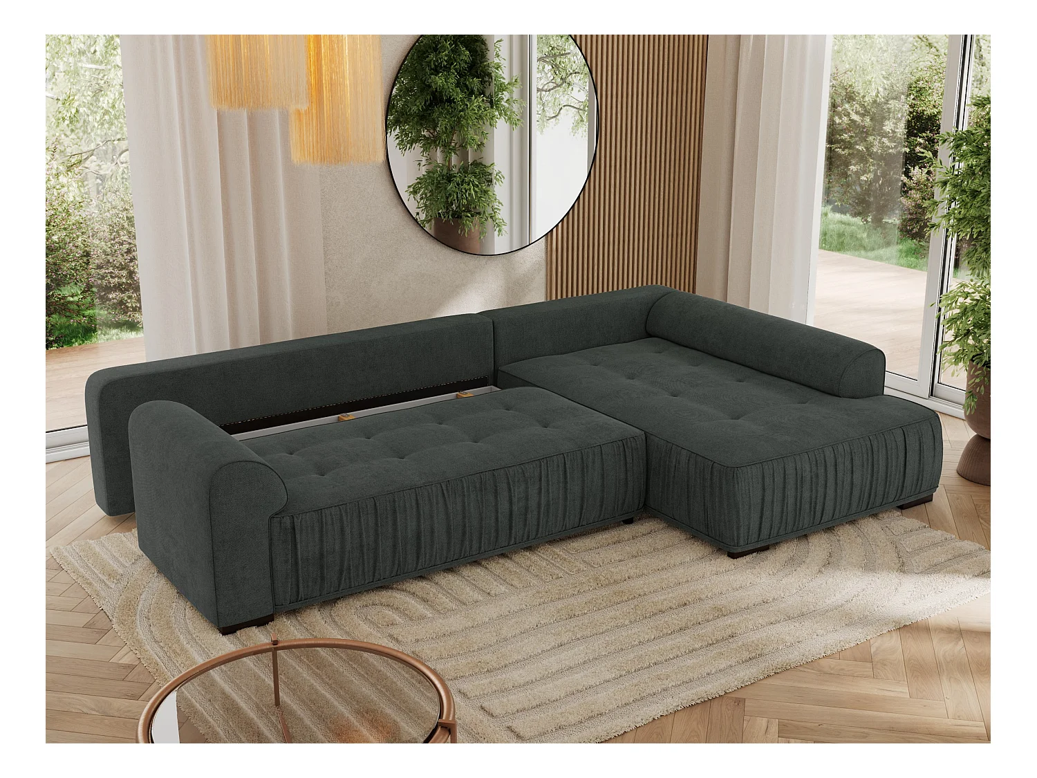 Ecksofa ORTA - Schlaffunktion und Bettkasten, lose Kissen, gesteppter Sitz, L-förmige Ecke - Dunkelgrau Stukture - Ecke Rechts