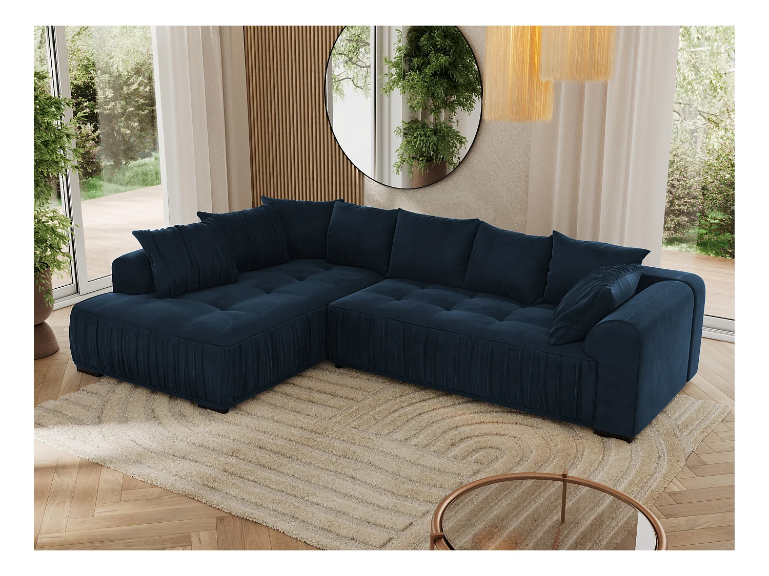 Ecksofa ORTA - Schlaffunktion und Bettkasten, lose Kissen, gesteppter Sitz, L-förmige Ecke - Dunkelblau Velvet - Ecke Links