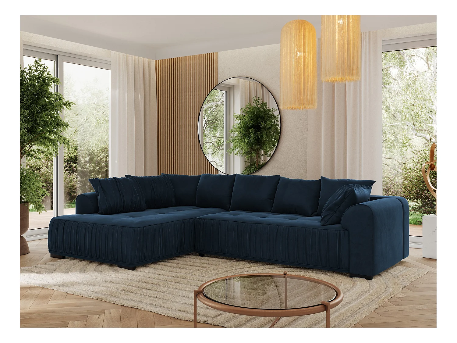 Ecksofa ORTA - Schlaffunktion und Bettkasten, lose Kissen, gesteppter Sitz, L-förmige Ecke - Dunkelblau Velvet - Ecke Links
