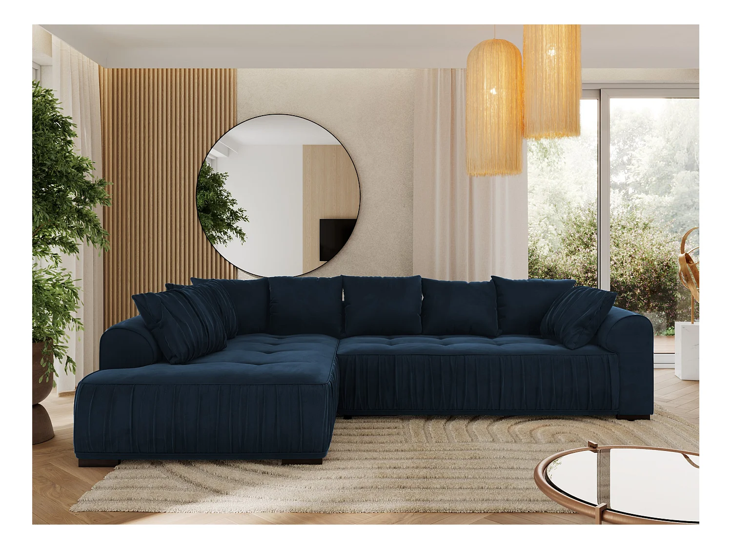 Ecksofa ORTA - Schlaffunktion und Bettkasten, lose Kissen, gesteppter Sitz, L-förmige Ecke - Dunkelblau Velvet - Ecke Links
