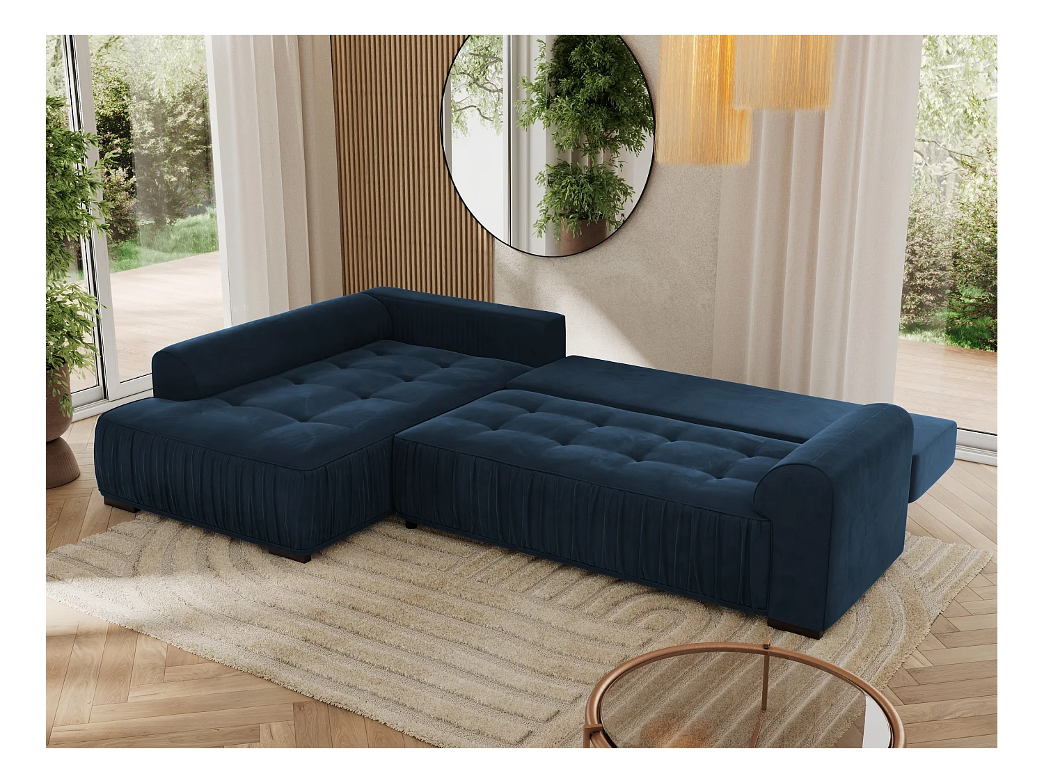Ecksofa ORTA - Schlaffunktion und Bettkasten, lose Kissen, gesteppter Sitz, L-förmige Ecke - Dunkelblau Velvet - Ecke Links