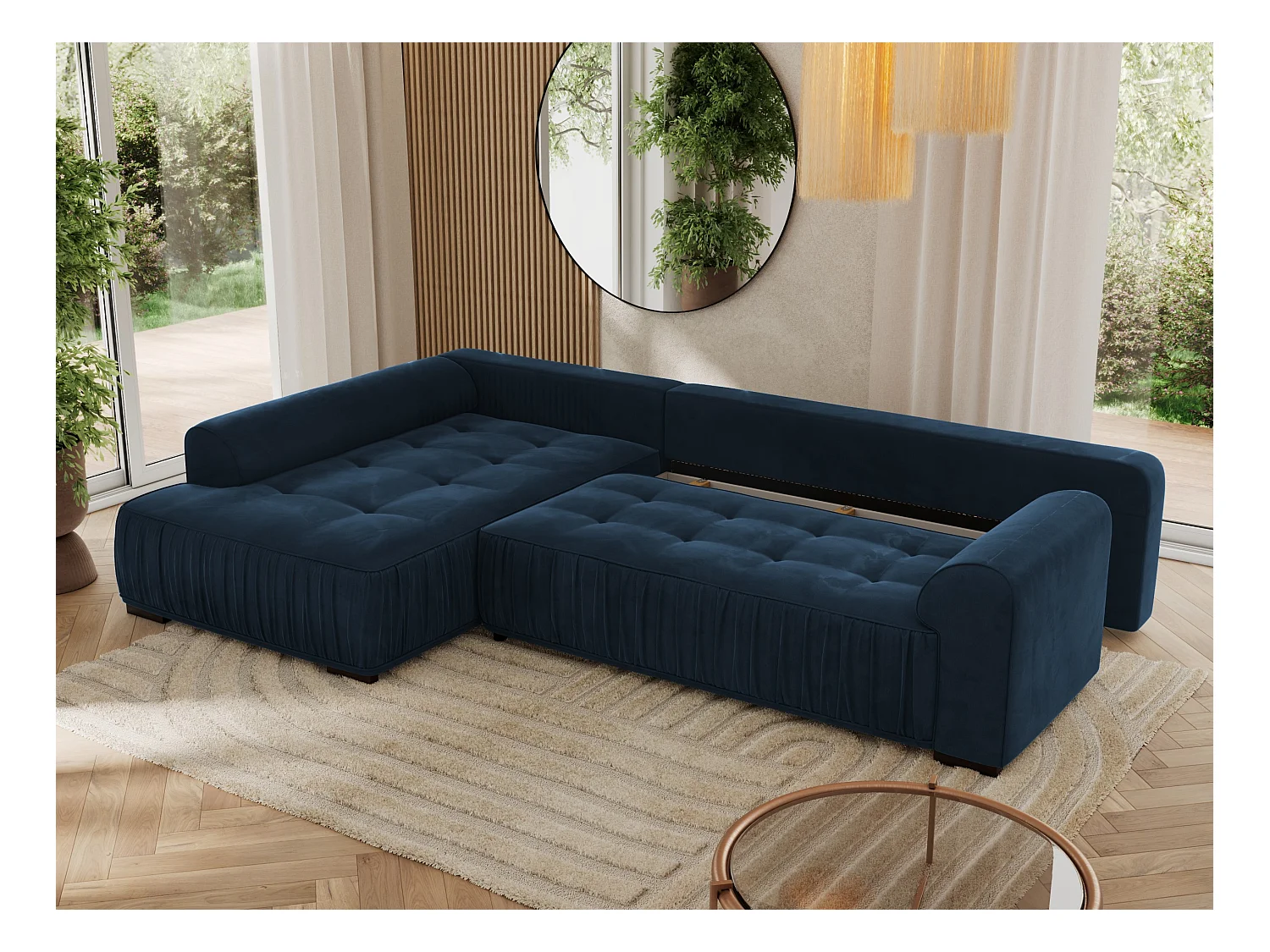 Ecksofa ORTA - Schlaffunktion und Bettkasten, lose Kissen, gesteppter Sitz, L-förmige Ecke - Dunkelblau Velvet - Ecke Links